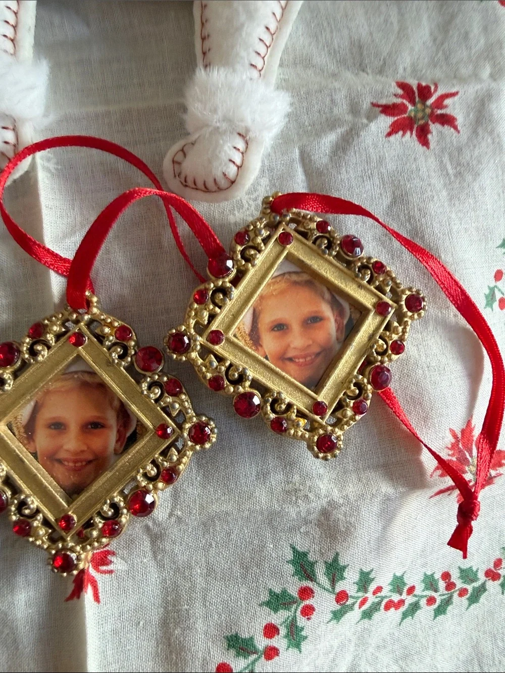 Xmas  Dog Photo Ornament & White Plush poodle - picture frames Xmas hanky vinta